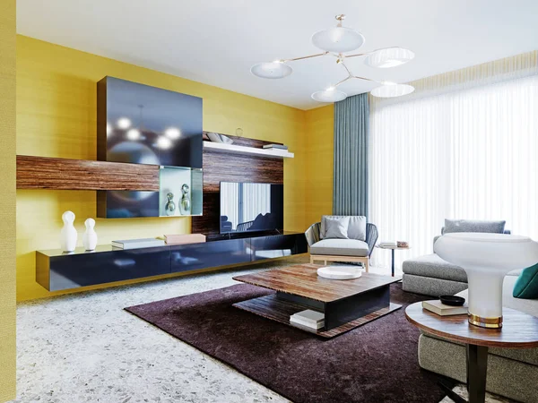 テレビ付きのモダンな壁に取り付けられた家具と コーヒーテーブル付きのコーナーグレーのソファを備えた新しいデザインのリビングルーム 黄色の壁と丸い鏡を持つ木製のパネルを持つアパートのインテリア 3Dレンダリング ロイヤリティフリーのストック画像