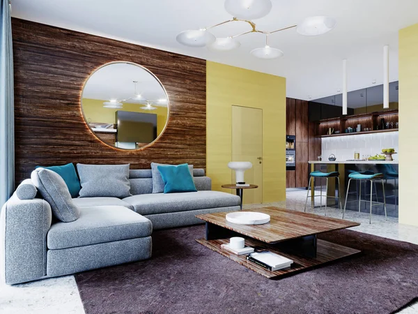 テレビ付きのモダンな壁に取り付けられた家具と コーヒーテーブル付きのコーナーグレーのソファを備えた新しいデザインのリビングルーム 黄色の壁と丸い鏡を持つ木製のパネルを持つアパートのインテリア 3Dレンダリング ロイヤリティフリーのストック写真