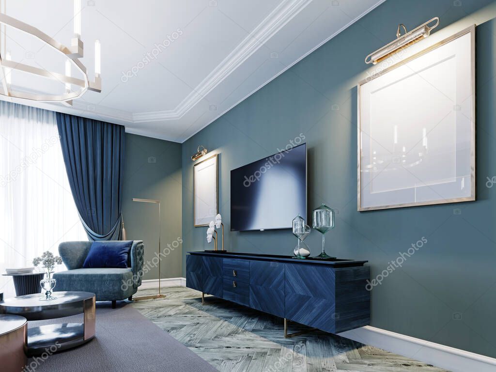 TV unit in the living room with a chest of drawers and two paintings, the interior in blue color is a modern design. 3D rendering.
