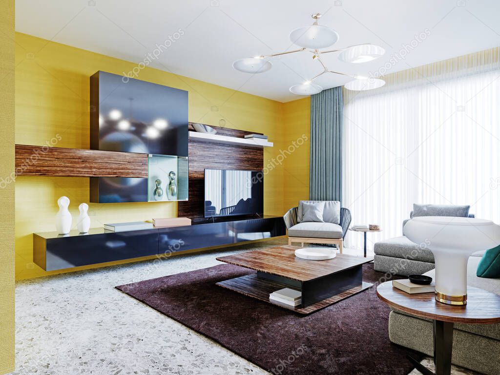 Newly designed living room with modern wall-mounted furniture with a TV and a corner gray sofa with a coffee table. The interior of the apartment with yellow walls and wooden panels with a round mirror. 3D rendering.