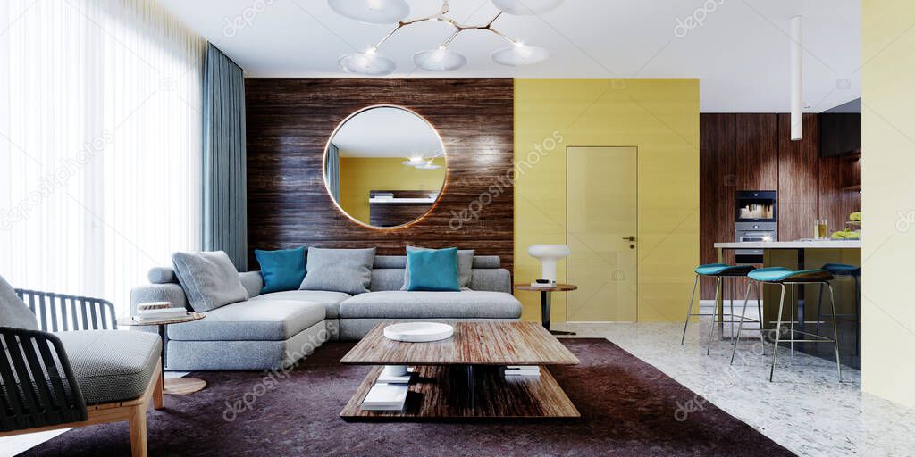 Newly designed living room with modern wall-mounted furniture with a TV and a corner gray sofa with a coffee table. The interior of the apartment with yellow walls and wooden panels with a round mirror. 3D rendering.
