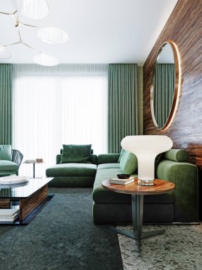 Ahşap bir duvarın arka planında arka ışıklandırmalı aynalı yeşil köşeli kanepe. 3B görüntüleme