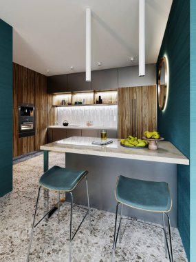 Oturma odasıyla mutfak arasında çağdaş tarzda iki sandalye, bej mermer tezgah ve yeşil bar tabureleri olan bar tezgahı. 3B görüntüleme.