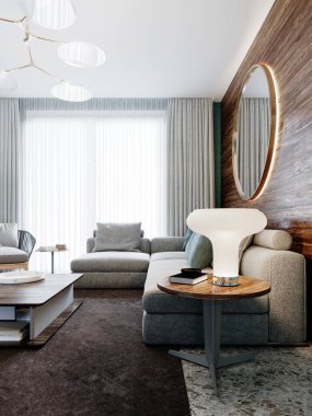 Köşedeki gri kanepe, yatay çizgili ahşap bir duvara karşı ve oturma odasında lamba olan yuvarlak bir aynaya karşı. 3B görüntüleme.