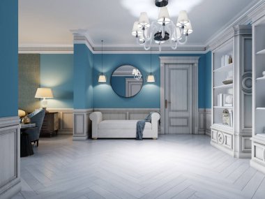 Kanepesi ve iç dekorlu iki rafı olan beyaz-mavi bir koridor dizaynı. 3B görüntüleme.