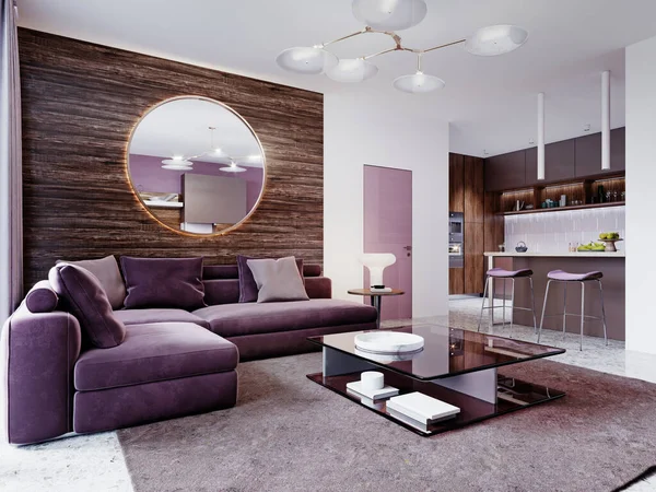 Studio Purple White Colors Contemporary Style Corner Sofa Wooden Walls — Stock Photo, Image