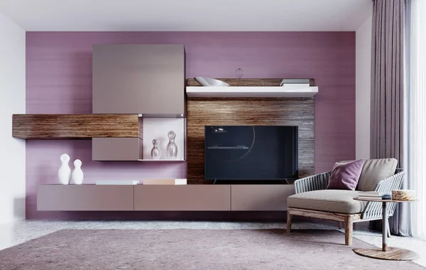 Contemporary furniture for the living room with TV from wooden and brown furniture facades with a trendy armchair next to it with a small table. Background of purple wall. 3D rendering.