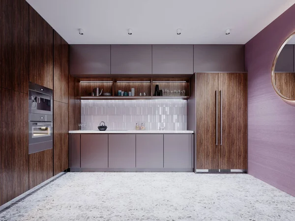 Contemporary kitchen with purple walls and brown and gray furniture, kitchen apron made of curly tiles. 3D rendering.