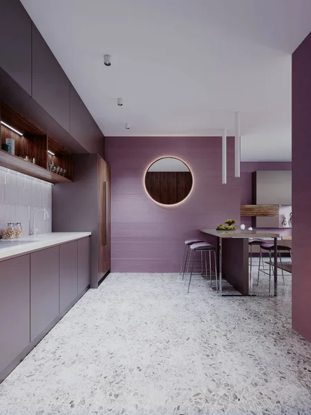 Contemporary Kitchen Purple Walls Brown Gray Furniture Kitchen Apron Made — Stock Photo, Image