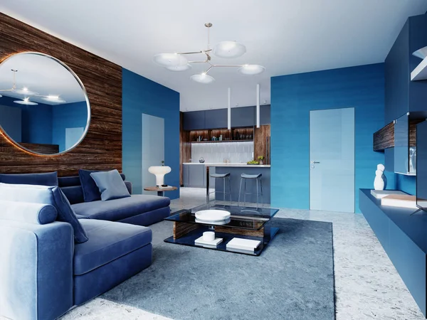 Estudio Interior Contemporáneo Sala Estar Colores Azules Renderizado — Foto de Stock