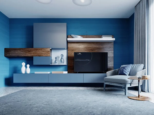 Contemporary Interior Studio Living Room Blue Colors Rendering — Stock Photo, Image