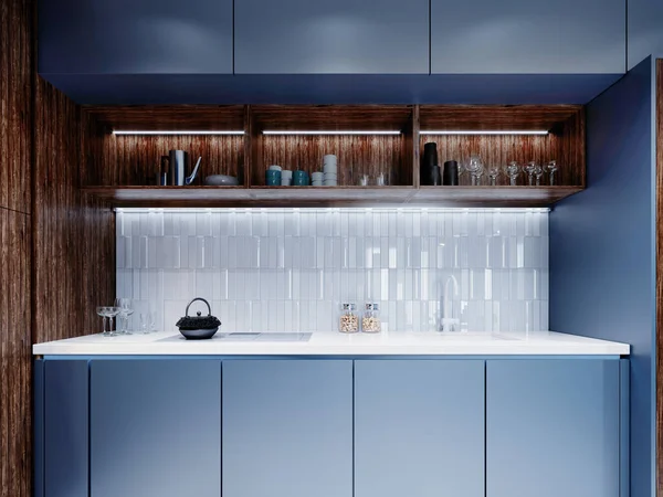 Vista Frontale Arredamento Cucina Moderno Blu Marrone Rendering — Foto Stock