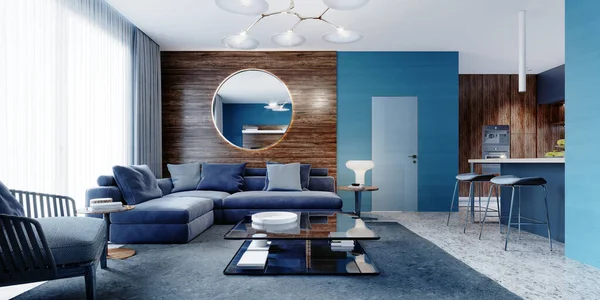 Zeitgenössisches Interieur Studio Wohnzimmer Blauen Farben Rendering — Stockfoto