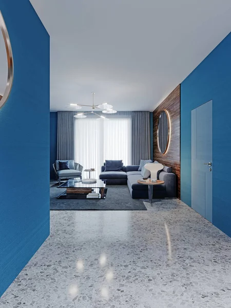 Het Uitzicht Vanuit Hal Eigentijdse Stijl Een Blauwe Woonkamer Met — Stockfoto