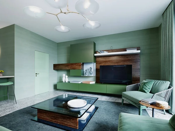 Sala Estar Color Verde Moda Con Sofá Esquinero Paneles Madera — Foto de Stock