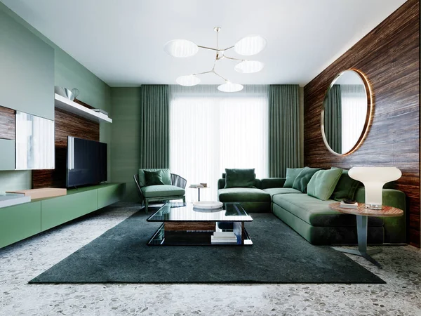 Módní Zelená Barva Obývací Pokoj Rohovou Pohovkou Dřevěné Obložení Stěnách — Stock fotografie