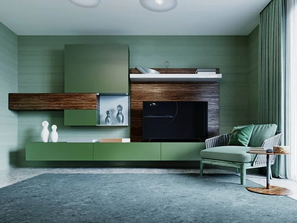 Muebles Diseño Para Sala Estar Con Verde Con Acentos Madera —  Fotos de Stock