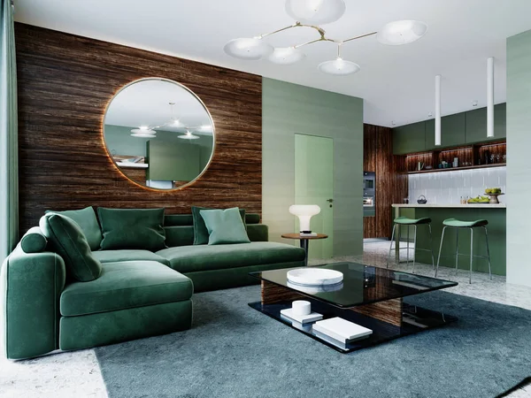 Sala Estar Elegante Cor Verde Com Sofá Canto Painéis Madeira — Fotografia de Stock