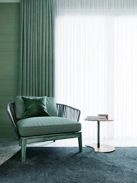 緑のカーテンで窓の背景に低いテーブルと緑のデザイナーの椅子 3Dレンダリング — ストック写真
