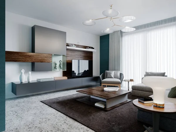 Contemporary Living Room Studio Aquamarine Walls Wooden Panels Mirror White — Stock Photo, Image