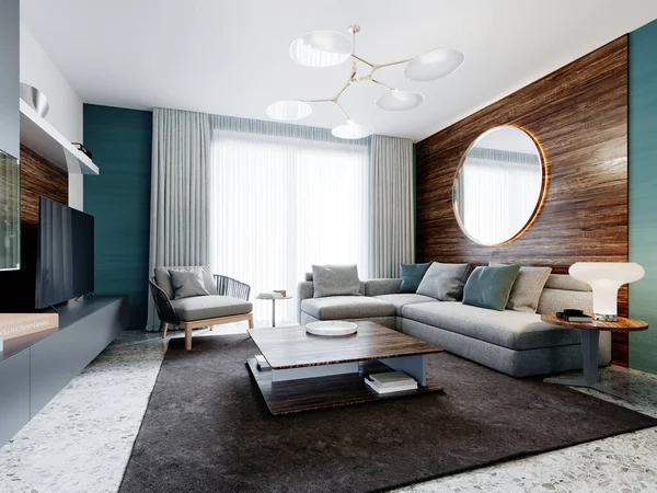 Contemporary living room studio, aquamarine walls with wooden panels and a round mirror, a white corner sofa and a black cabinet with TV. 3D rendering.