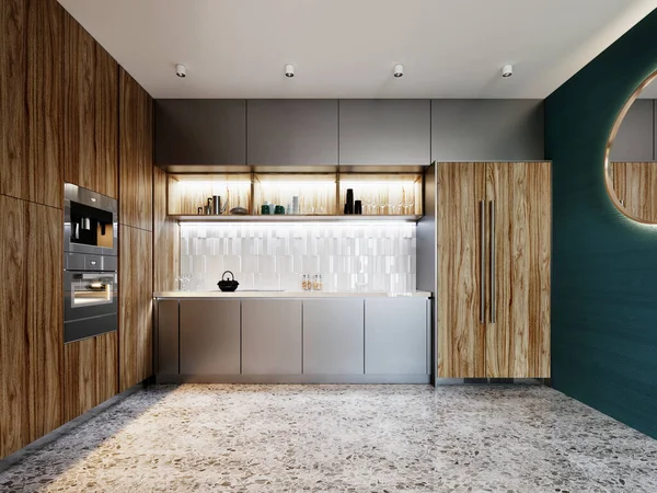 Cocina Contemporánea Metal Cepillado Gris Madera Con Fachada Muebles Fibra — Foto de Stock