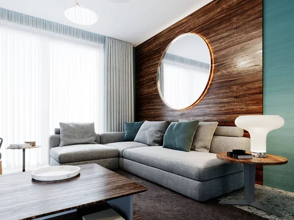 Eckiges Graues Sofa Gegen Eine Holzwand Mit Horizontalen Streifen Und — Stockfoto