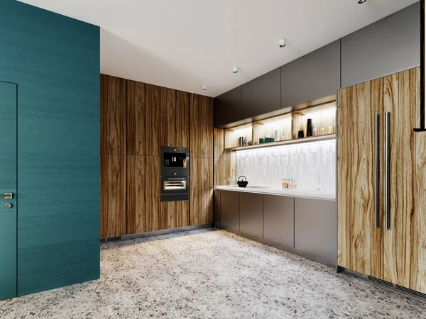 Contemporary kitchen, brushed metal gray and wood with vertical fiber furniture facade, built-in appliances and refrigerator. Floor tiles terrazzo. 3D rendering.