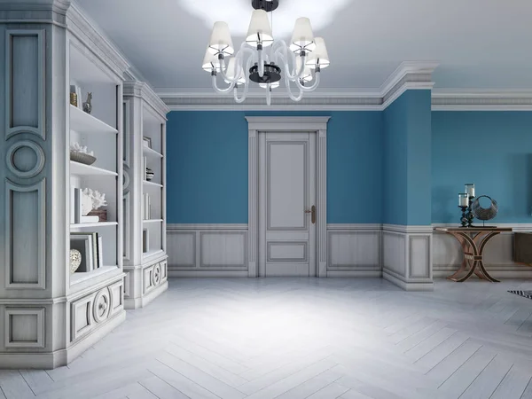 Diseño Pasillo Blanco Azul Con Sofá Dos Estantes Con Decoración —  Fotos de Stock