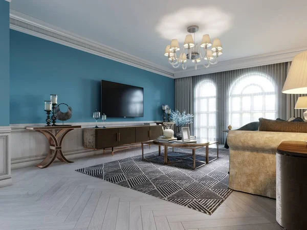 客厅内饰古典地中海风格 有米黄色沙发和两个蓝色扶手椅和蓝色墙壁 一个电视机和室内装饰 3D渲染 — 图库照片