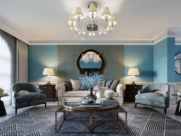 Interiér Obývacího Pokoje Klasickém Středomořském Stylu Béžovou Pohovkou Dvěma Modrými — Stock fotografie