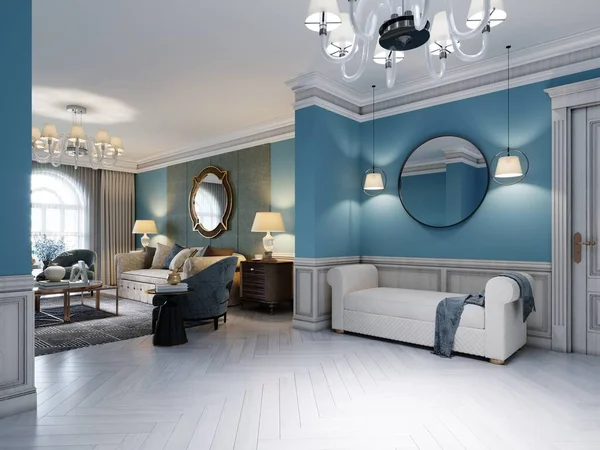 客厅内饰古典地中海风格 有米黄色沙发和两个蓝色扶手椅和蓝色墙壁 一个电视机和室内装饰 3D渲染 — 图库照片
