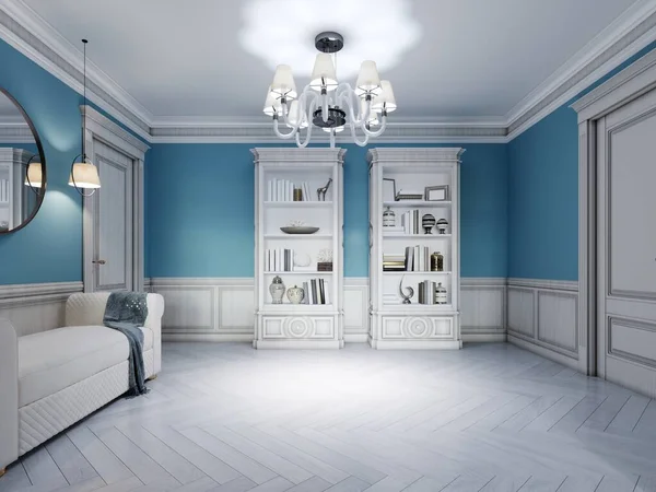 设计一个白色蓝色走廊 有沙发和两个有室内装饰的架子 3D渲染 — 图库照片