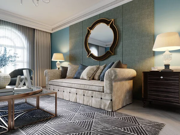 Luxuriöses Beiges Sofa Klassischen Stil Mit Zwei Hölzernen Nachttischen Mit — Stockfoto