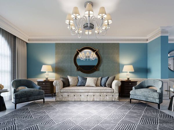 Front view of a luxurious beige sofa, two armchairs in a classic style with two wooden bedside tables with lamps and a mirror on a light blue wall background. 3D rendering.