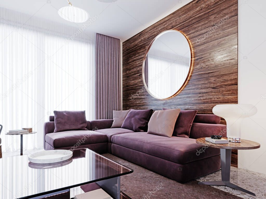 Purple corner sofa with pillows in contemporary living room with a solid wooden wall with a round mirror and a lamp on a small table. 3D rendering.