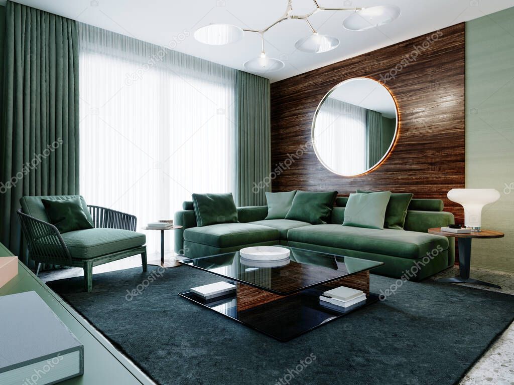 Fashionable green color living room with corner sofa and wood paneling on the walls and with a round mirror with light. 3D rendering.