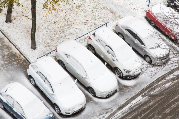 Cars Parking Covered Fist Snow Autumn Winter — Stock Photo, Image