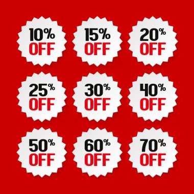 Satılık 10, 15, 20, 25, 30, 40, 50, 60, yüzde 70'i Etiketler. İndirim rozetleri, pullar, Etiketler, etiket topluluğu. Ürün tanıtım. Vektör.