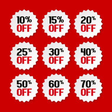 Sale tags 10, 15, 20, 25, 30, 40, 50, 60, 70 percent. Collection of discount badges, stamps, stickers, labels. Product promotion. Vector. clipart
