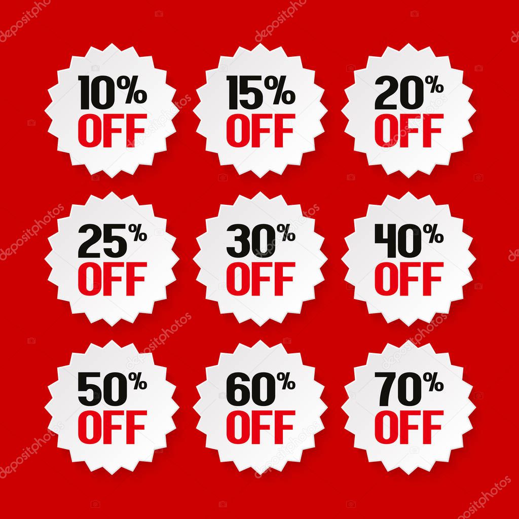 Sale tags 10, 15, 20, 25, 30, 40, 50, 60, 70 percent. Collection of discount badges, stamps, stickers, labels. Product promotion. Vector.
