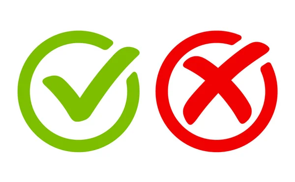 Green tick symbol and red cross sign in circle. Icons for evaluation quiz. Vector. — Stock Vector