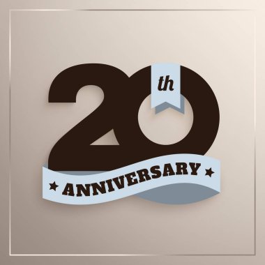 Yirmi yıl yıldönümü logosu ile mavi kurdele, bej renkli arka plan üzerinde izole 20 yıl kutlama. Vektör.
