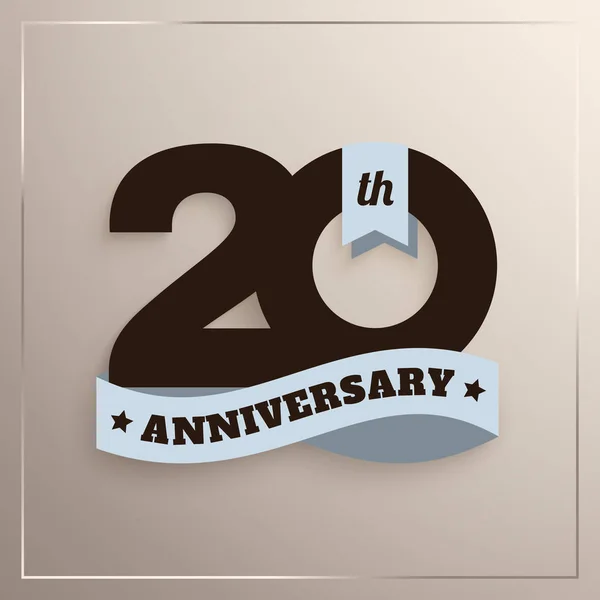 Logotipo de 20 años de aniversario con cinta azul, celebración de 20 años aislada sobre fondo beige. Vector . — Archivo Imágenes Vectoriales