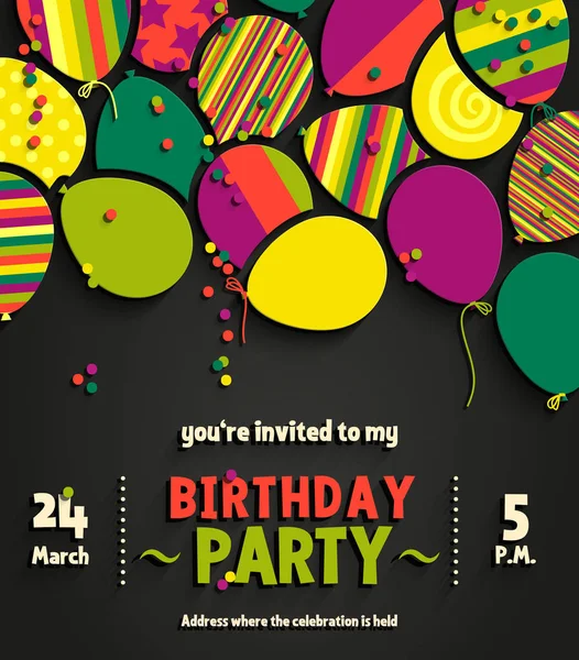 Carte d'invitation de fête d'anniversaire avec ballons plats colorés. Vecteur . — Image vectorielle