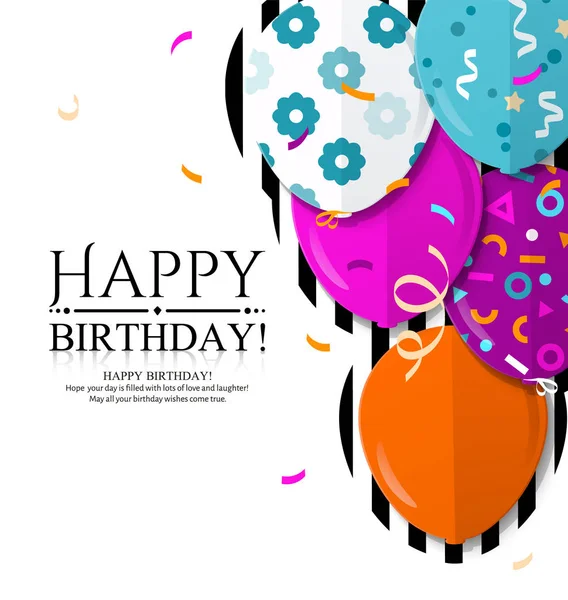 Happy Birthday invitation card with colorful balloons in flat style. Vector. — Stock Vector