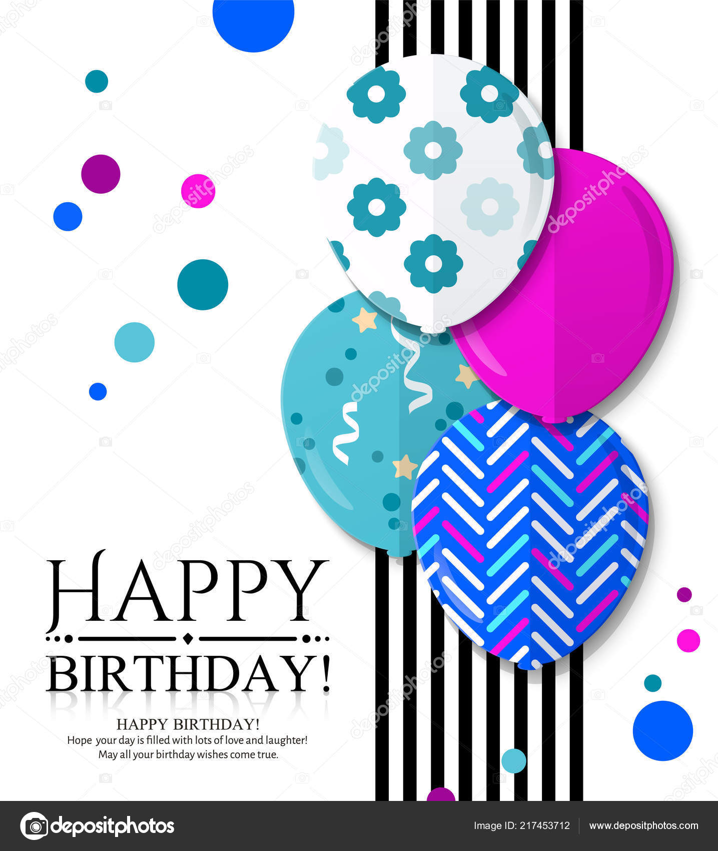 Happy Birthday invitation card with colorful patterned balloons in flat  style. Black stripes and color dots on background. Vector. Stock Vector  Image by ©Nikolamirejovska #217453712