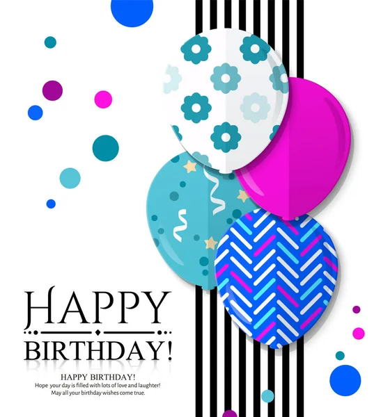 Carte d'invitation joyeux anniversaire avec des ballons à motifs colorés dans un style plat. Rayures noires et points de couleur sur le fond. Vecteur . — Image vectorielle