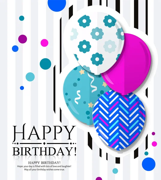 Glückwunschkarte zum Geburtstag mit bunt gemusterten Luftballons im flachen Stil. schwarze Streifen und Farbpunkte auf dem Hintergrund. Vektor. — Stockvektor