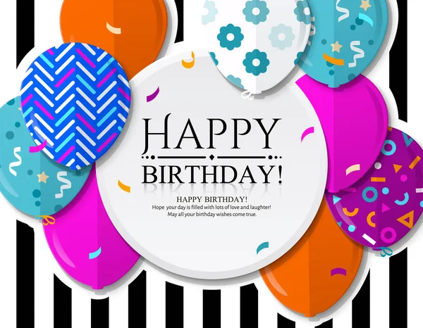 Tarjeta de felicitación Happy Birthday con globos estampados de colores en estilo plano. Confetti y rayas negras en el fondo. Vector . — Vector de stock